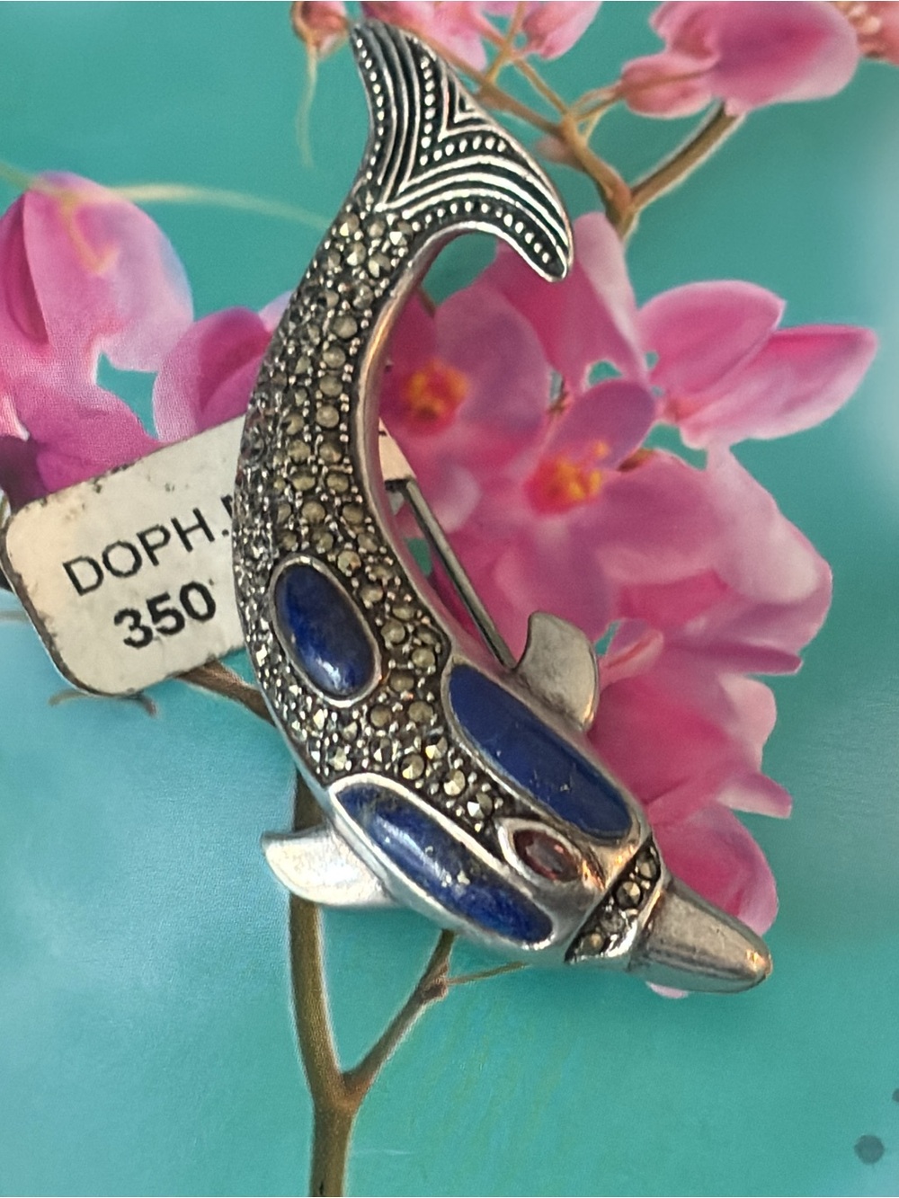 Sterling Silver Dolphin Brooch with Blue Lapis Garnet and Marcasites Accents